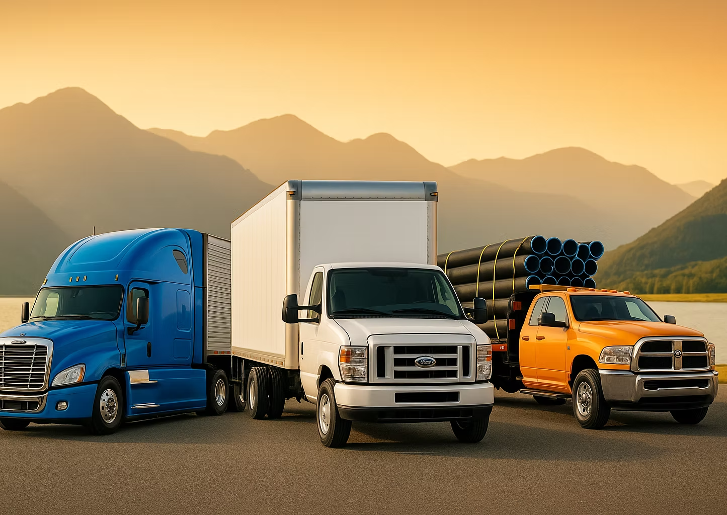 Trucks of every size — semi, box truck, hotshot — by the lake